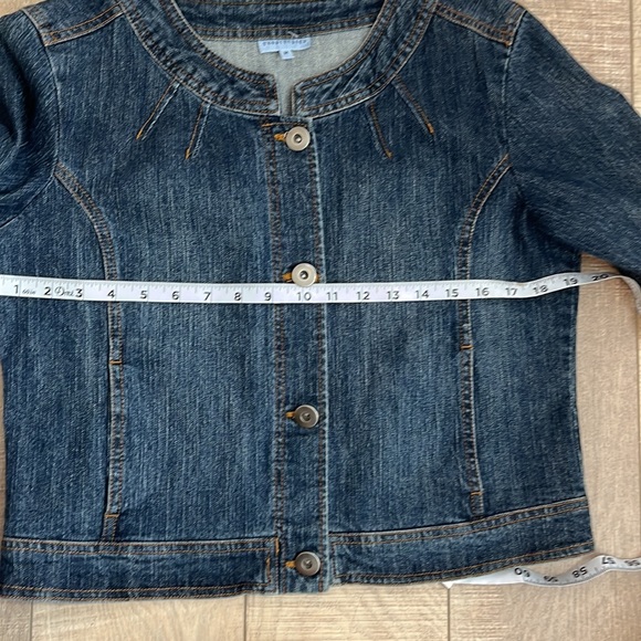 Territories denim jacket 3/4 sleeve crop contrast stitch pockets button front M - Picture 11 of 12